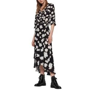 All Saints Black White Delana Half Sleeves Wrap Floral Print Dress Size Small